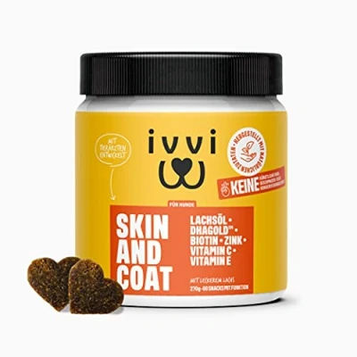 Abbildung von ivvi Skin &amp; Coat Omega 3 für Hunde gegen Juckreiz im Leckerliformat, gesunde Haut glänzendes Fell mit Biotin, DHAgold, Zink, Vitamin C, Lachsöl 60 leckere Snacks (270g) Lachs