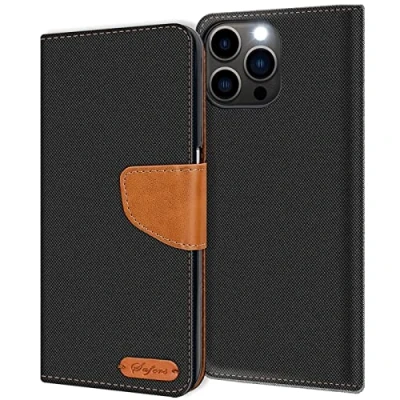 Abbildung von Verco kompatibel mit Apple iPhone 15 Pro Max Hülle, Schutzhülle für Tasche Denim Textil Book Case Flip Klapphülle, Schwarz