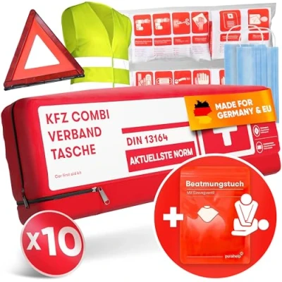 Abbildung von PURAHELP 10x KFZ Kombitasche nach aktueller Norm 2025 DIN 13164 (StVO konform) Inkl. Warndreieck, Warnweste Verbandskasten Warndreieck Set Auto