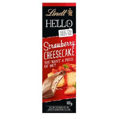 Abbildung von Lindt Schokolade HELLO Strawberry Cheesecake 100 g Tafel Vollmilch mit Erdbeer Quarkcrème Füllung Schokoladentafel Schokoladengeschenk