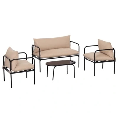 Abbildung von Outsunny Sitzgruppe Gartenmöbel Set mit 2 Sesseln, Couchtisch aus Hartglas, Zweisitzer, (Gartengarnitur, 4 tlg., Sitzgarnitur), für Balkon, Terrasse, Stahl, Khaki