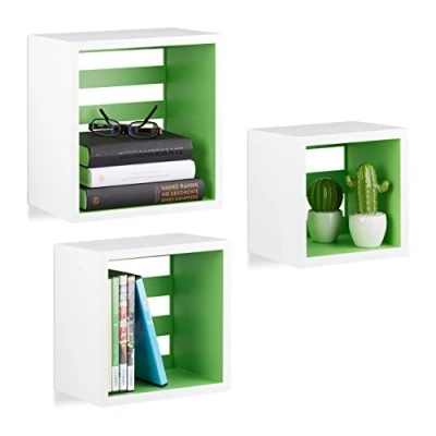 Abbildung von Relaxdays Hängeregale Cube, Wandregal 3er Set, quadratische Würfel Regale für Wand, schwebende Regale, MDF, weiß/grün