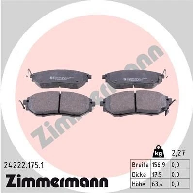 Abbildung von ZIMMERMANN 24222.175.1 Bremsbelagsatz mit akustischer Verschleißwarnung Foto entspricht Lieferumfang SUBARU: Outback V, Legacy 4 Limousine, Levorg I