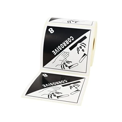 Abbildung von Prolac Aufkleber in weiß/schwarz, 100x100 mm Klasse 8 Ätzende Stoffe 500 Etiketten selbstklebend auf Rolle, Versandetiketten als Kennzeichnung von gefährlichen Gütern, Klebeetiketten