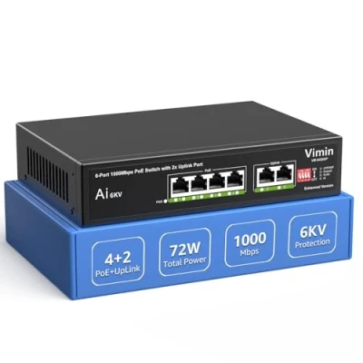 Abbildung von 4 Port Gigabit PoE Switch mit 2 Uplink Ports, VIMIN Unmanaged 10/100/1000Mbps Netzwerk AI Watchdog, VLAN, Verlängerung 250m, unterstützt IEEE802.3af/at, 72W