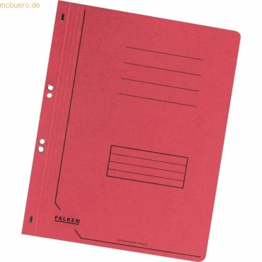 Abbildung von Original Falken 50er Pack Ösenhefter. Made in Germany. Aus Recycling Karton mit ganzem Vorderdeckel, kaufmännische und Behördenheftung für DIN A4 rot Hefter Sammelmappe Blauer Engel