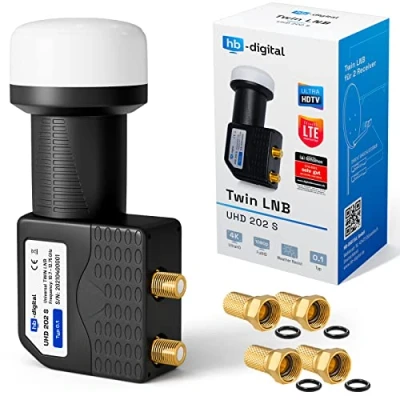 Abbildung von hb Digital Twin LNB (Test SEHR GUT *) LNC Kopf 2 Teilnehmer Direkt LTE Protected Satelliten Sat Full HD TV 3D 4K UHD Kontakte vergoldet Wetterschutz Schwarz Black + 4X F Stecker