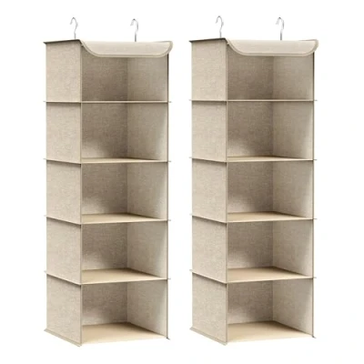 Abbildung von SONGMICS Hängeorganizer, 2er Set, Schrank Organizer, Hängeregal, Hängeaufbewahrung, faltbar und platzsparend, Metallhaken Bambus Einsätze, leinenartige Textur, sandbeige RCH005Y02
