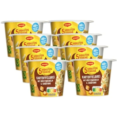 Abbildung von MAGGI 5 Minuten Terrine Kartoffelbrei mit Röstzwiebeln und Croutons, leckeres Fertiggericht, Instant Kartoffel Püree, herzhafter Snack, 8er Pack (8 x 56g)