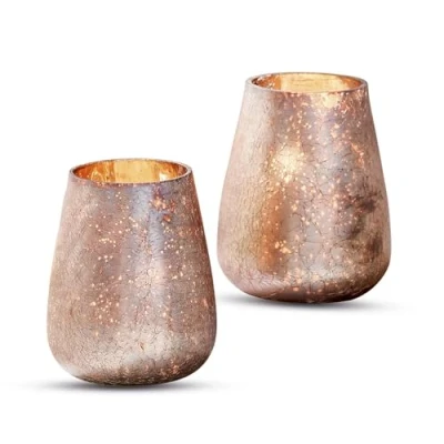Abbildung von Loberon Windlicht 2er Set Chanut, Zwei Größen, Romantisches Design, zarte Töne, edle Bauernsilber Optik, für Teelichter oder Stumpenkerzen, Wohn Accessoire, Glas, rosa/Gold