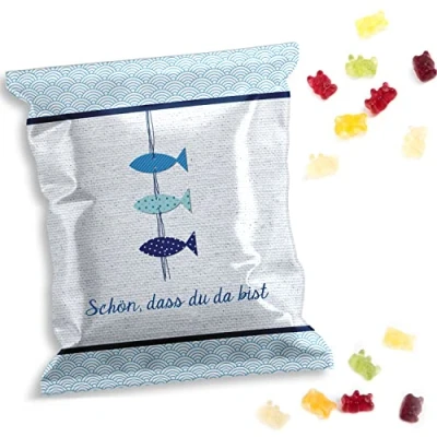 Abbildung von Logbuch Verlag 50 Fruchtgummi Päckchen FISCHE blau Gummibärchen als Tischdeko Mitgebsel Gastgeschenk Taufe Kommunion Konfirmation 7 x 9 cm