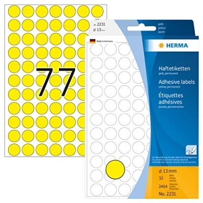 Abbildung von HERMA 2231 Punktaufkleber Klebepunkte gelb, 2464 Stück, Ø 13 mm, 77 pro Bogen, selbstklebend, Markierungspunkte für Kalender Planer Basteln, matt, blanko Papier Farbpunkte Aufkleber