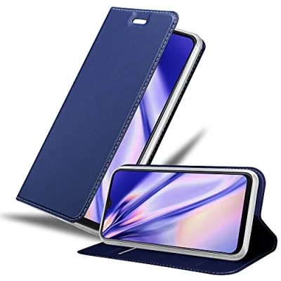 Abbildung von Cadorabo Hülle kompatibel mit Samsung Galaxy M20 aus Premium Kunst Leder Flip Klappbare Stoßfeste Magnetische [Standfunktion] [Kartenfächern] Cover für Tasche in Blau