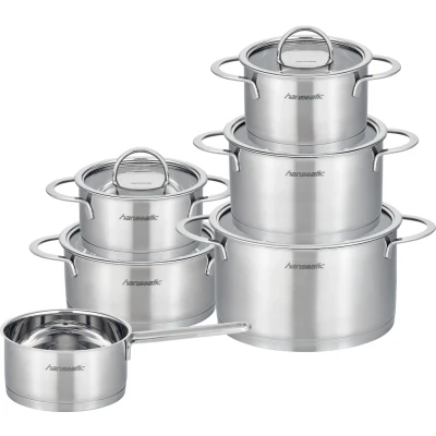 Abbildung von Hanseatic Topf Set &quot;hanseatic&quot;, Edelstahl 18/10, (Set, 11 tlg., Fleischtopf 16/20/24 cm, Bratentopf 16/20 Stielkasserolle 16 cm), handfreundliche Kaltmetallgriffe, Literskala, Glasdeckel, Induktion