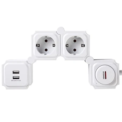 Abbildung von UCOMEN Steckdosenleiste Überspannungsschutz Mehrfachsteckdose mit USB Ladefunktion,2 Fach Steckdosenadapter,180 Grad Drehen Steckdosenverteiler für Reise Schalter, zu Hause 3680W 16A,Weiß