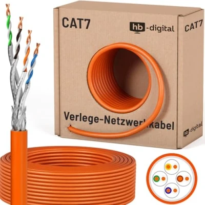 Abbildung von HB DIGITAL 25m cat 7 Netzwerkkabel LAN Verlegekabel Cable Übertragungsgeschwindigkeit bis zu 10 Gbit/s Kupfer Profi S/FTP PIMF LSZH Halogenfrei Orange RoHS Compliant cat. Cat7 AWG 23/1