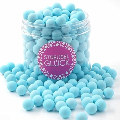 Abbildung von Streusel GLÜCK Tortendeko Schokokugeln hellblau pastell 180g Zuckerstreusel Geburtstag Junge Kuchendeko Weihnachten Schokoperlen Sprinkles Deko Torte Kuchen Cupcakes essbare Streudeko