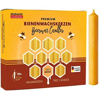 Abbildung von BRUBAKER Bienenwachskerze Honig gelbe Baumkerzen aus echtem Bienenwachs (rauchfreie Weihnachtskerzen, Pyramidenkerzen mit festlichem Weihnachtsduft, 20 tlg), 10% oder 100% Bienenwachs, Mehrfachpackung Christbaumkerzen