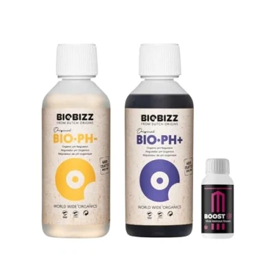 Abbildung von GROWMANIA Biobizz Ph + Plus 250 ml Minus Flüssig up Nutrients Boost Superpack and Down senker Heber Dünger Pflanzen Grow Anbau Indoor Granulat Tomaten