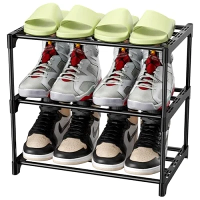 Abbildung von Magrimaxio Schuhregal Metall, Schuhaufbewahrung mit 3 Ebenen, Leichtes Schuhablage, Schuh Regal Stapelbar für 6 Paar Schuhe, Schuhständer Flur, Wohnzimmer, Schlafzimmer, Eingangsbereich (Schwarz)