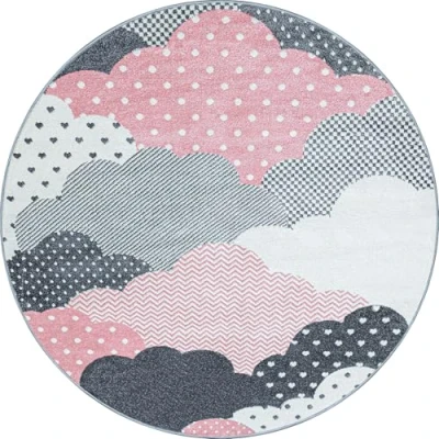 Abbildung von Carpetsale24 Kinderteppich Modern Wolken Design Pink und Grau 160 cm Rund Kurzflor Teppich Kinderzimmer Waschbarer Spielteppich Babyteppich für Junge Mädchen Extra Weich Antiallergen Runder