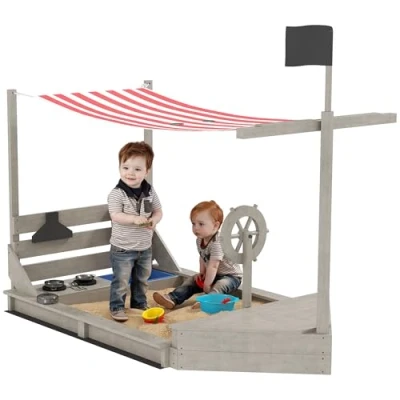 Abbildung von Outsunny Sandkasten Sandkiste groß mit Abdeckung im Schiff Design Matschekiste aus Holz Segelschiff Spielhaus Küchenspielset Aufbewahrung für Kinder 3 7 Jahre Grau 180 x 103 144,5 cm