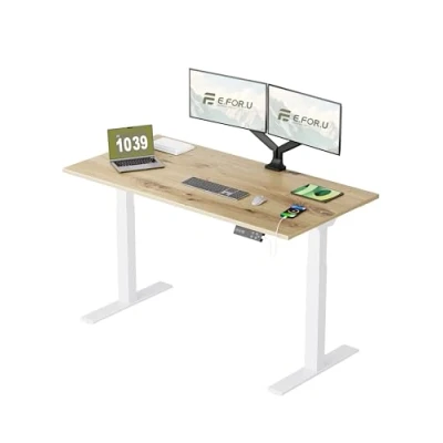 Abbildung von E.For.U® Höhenverstellbarer Schreibtisch 160x80 cm, 2 Motoren, Stabiler Höhenverstellbar Elektrisch Mit Fach Teleskop, 4 Memory Steuerung, Tischplatte (Weiß + Asteiche)