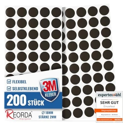 Abbildung von Reorda® Magnetplättchen selbstklebend (200 Kreise) Starker 3M Kleber ermöglicht ausgezeichnete Klebekraft Vielseitige Flache Magnete zum basteln &amp; schneiden Ideal nutzbar für Schule Büro