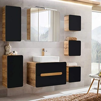 Abbildung von Lomadox Badezimmermöbel Set mit Waschtischunterschrank Keramik Waschbecken &amp; LED Spiegelschrank, seidenmatt anthrazit Wotan Eiche Nb., B/H/T ca. 180/200/46 cm
