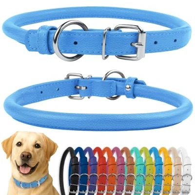 Abbildung von CollarDirect Rundes Leder Hundehalsband, weich gepolstert gerollt, handgefertigtes Echtleder Halsband für Hund Welpe Katze Klein Groß Schwarz Rosa Rot Lila Blau