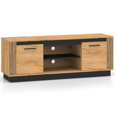 Abbildung von Lowboard 150 cm breit Fernsehschrank TV Board Wohnzimmerschrank Schrank Medienschrank modern in Eiche mit schwarz