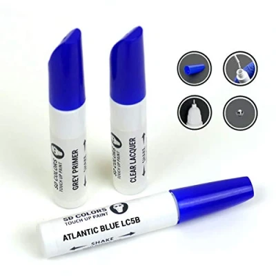 Abbildung von SD COLORS 12 ml Touch Up Farbe, Klarlack und Grundierung mit Pinsel Atlantic Blue (LC5B) Kompatibel VW/Audi Kratzer, Chips Lackreparatur
