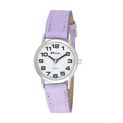 Abbildung von Ravel Damen (klein) Armbanduhr mit großen Ziffern Violett/silbernes Ton/weißes Zifferblatt