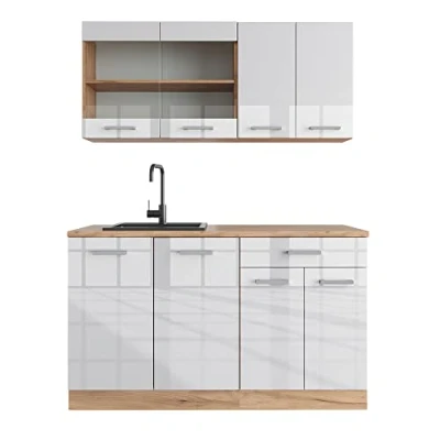 Abbildung von Vicco Singleküche R Line, Weiß Hochglanz/Goldkraft Eiche, 140 cm ohne Arbeitsplatte