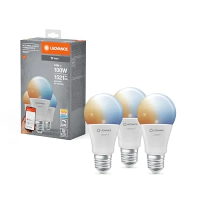 Abbildung von LEDVANCE Smarte LED Lampe mit WiFi Technologie für E27 Sockel, matte Optik ,Lichtfarbe änderbar (2700K 6500K), 1521 Lumen, Ersatz herkömmliche 100W Leuchtmittel, smart dimmbar, 3 er Pack