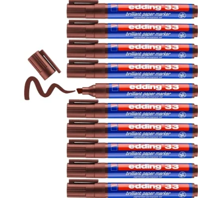 Abbildung von edding 33 Brillant Papiermarker Braun 10 Permanent Marker Wasserfest Keilspitze 1 5 mm Leuchtende Farben Lichtbeständige Markierung auf Papier, Karton, Kunststoff, Metall Oder Glas