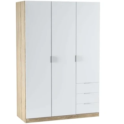 Abbildung von Kleiderschrank mit drei Türen und Schubladen, Eichenfarbe Artikweiß, Maße 121 x 180 52 cm