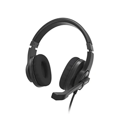 Abbildung von Hama Headset mit Mikrofon (kabelgebundene Kopfhörer 3,5mm Klinkenanschluss, Aux, Stereo Headphones Kabel, Over Ear PC Mikrofonarm und Neckband, 2m Audiokabel) schwarz