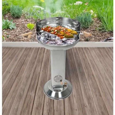 Abbildung von Säulengrill mit 4 fach höhenverstellbarem Grillrost Haltegriffen, Belüftungshebel, Windschutz und Ascheschublade, rostfreier Edelstahl, Kohlegrill rund