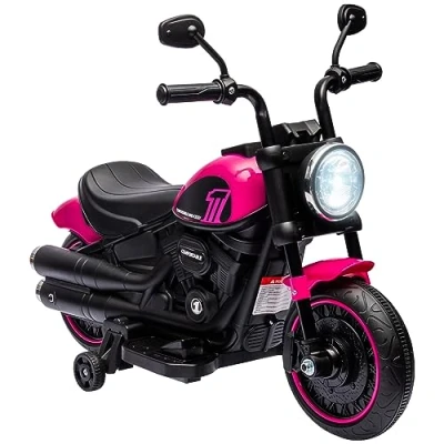 Abbildung von HOMCOM Elektro Kindermotorrad Kinderfahrzeug mit 2 abnehmbaren Stützrädern Kunststoff Eisen Rosa, Belastbarkeit 25 kg, (1 tlg), 76L x 42B 57H cm