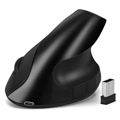 Abbildung von EasyULT Vertical Ergonomische Kabellose Maus, Wiederaufladbarer 2.4 GHz Optische Wireless Kabellos Funk Maus mit Nano Empfänger für Windows, Mac OS, 800/1200/1600 DPI Einstellbare, 6 Tasten(Schwarz)