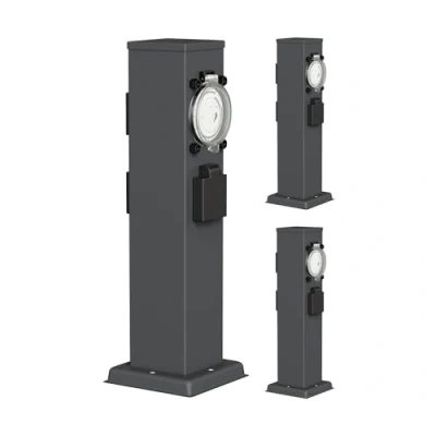Abbildung von ledscom.de 3 Stück Garten Steckdosensäule POLLY für außen, IP44, Timer/Zeitschaltuhr, fach, Edelstahl, anthrazit, eckig, 38 cm