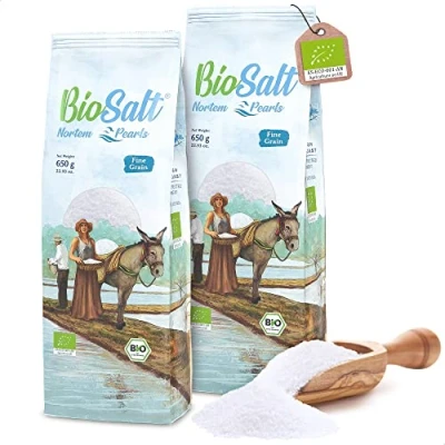 Abbildung von BioSalt Nortem Pearls Bio Natives Meersalz 2x650 g Feinkörnig. 100% Natürliches Gourmetsalz. Reich an Mineralien. Gesundes Kochen. Unraffiniert, ohne Konservierungsstoffe.