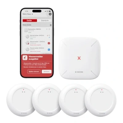Abbildung von X Sense Wassermelder WLAN mit SBS50 Basisstation, Smarter Wassermelder, App Warnungen（nur 2.4Ghz）, wasserdicht nach IP67, Funk Wassersensor für Küche, Bad, Keller, SWS0A41, 5er Set