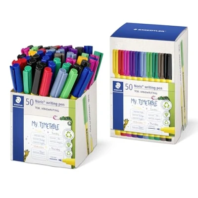 Abbildung von STAEDTLER Noris writing pen 307 Fineliner, Gehäuse aus 97% recyceltem Plastik gemäß ISO 14021, Kartonköcher mit 50 ST Fineliner in sortierten Farben, S CT50