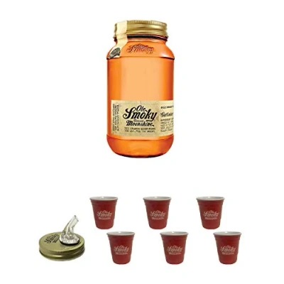 Abbildung von Ole Smoky Moonshine Big Orange (70 proof) im 0,5 Liter Glas + Ausgiesser Shot Becher rot 2 Stück
