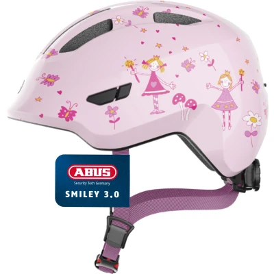 Abbildung von ABUS Kinderhelm Smiley 3.0 Fahrradhelm mit tiefer Passform, kindergerechten Designs &amp; Platz für einen Zopf Mädchen und Jungs Rosa Prinzessinen Muster, Größe S