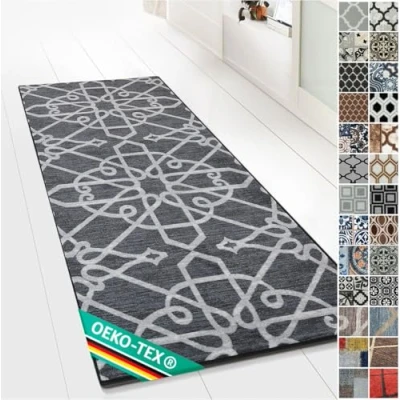 Abbildung von Floordirekt Teppichläufer mit Muster maßgefertigter Feinschlingen Teppich Läufer für Küche, Flur &amp; Wohnraum Ornament Vintage Orient Gitter (80 x 150 cm, Navelli Schwarz)