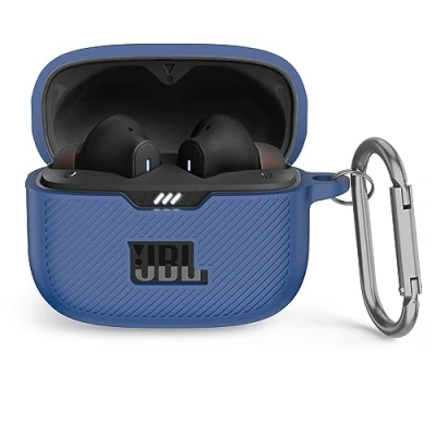 Abbildung von MOWYEOK Silikon Hülle kompatibel mit JBL Tune 230NC TWS, Tragbare Kratz und stoßfeste Silikonhülle, Front LED sichtbar, für Gehäusezubehör, Karabiner Blau