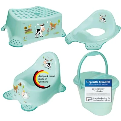 Abbildung von KiNDERWELT 4er Set Premium Toilettensitz, Hocker, stabiles Töpfchen &amp; Windeleimer für Kleinkinder Funny Farm Design aquamarin Toilette Stabiler Hocker mit Anti Rutsch Funktion